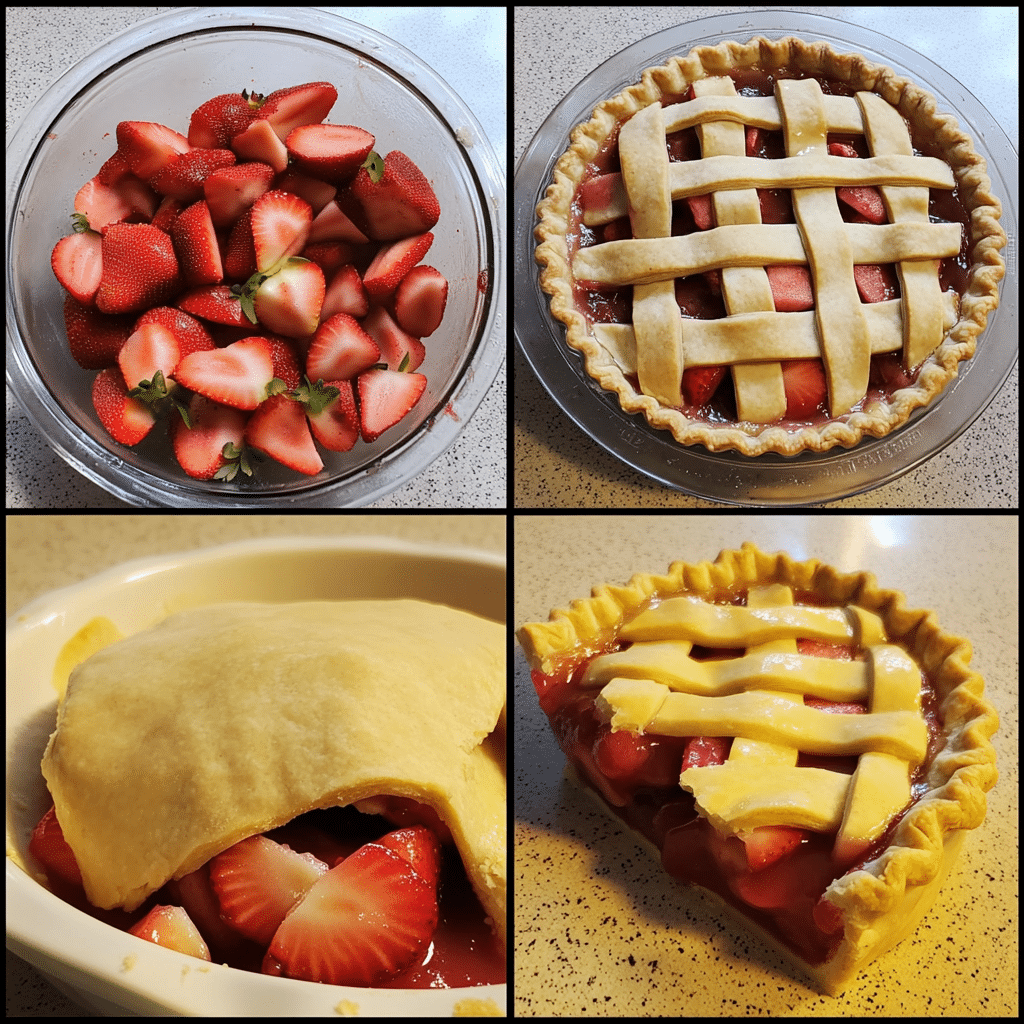 four panel collage showing steps to make strawberry rhubarb pie