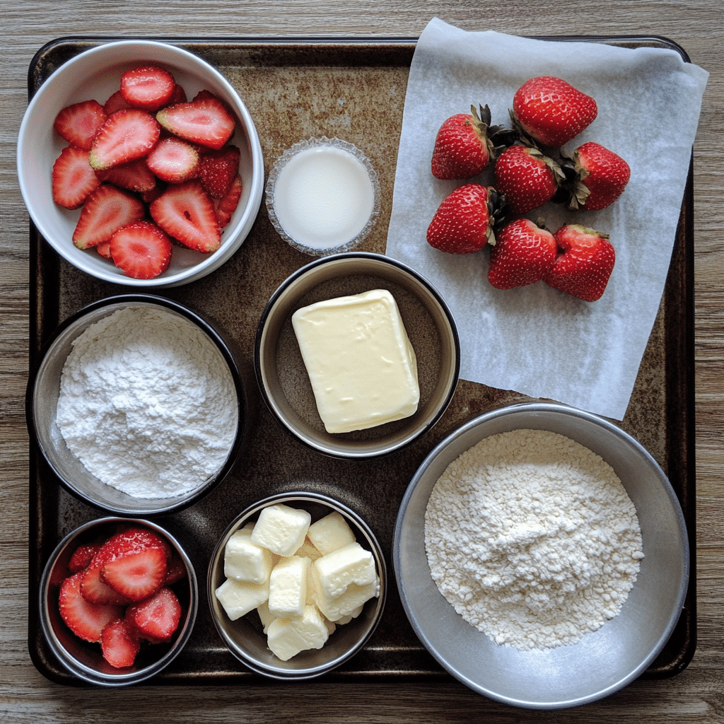 Flour, butter cubes, cream, eggs, and diced strawberries for strawberry scones