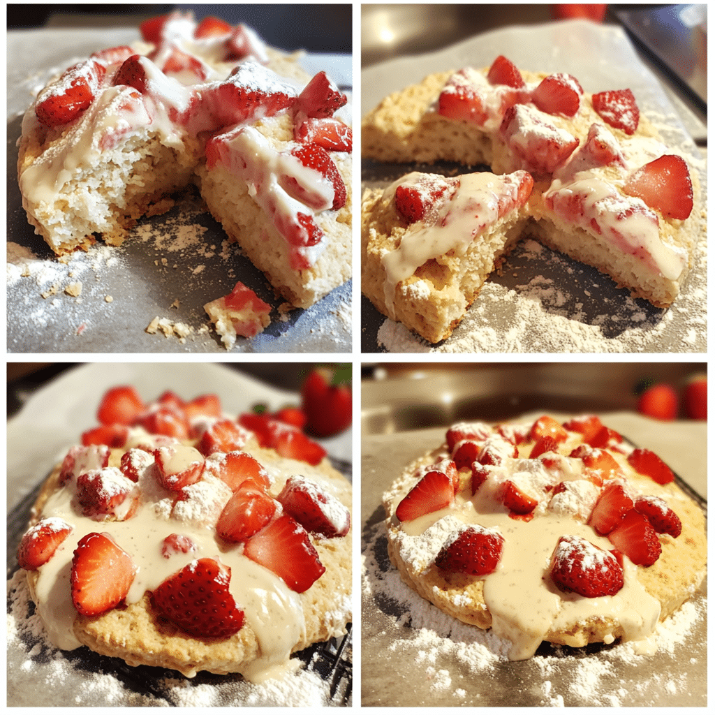 Four panel collage showing mixing scone dough, folding strawberries, cutting wedges, and baked scones with glaze