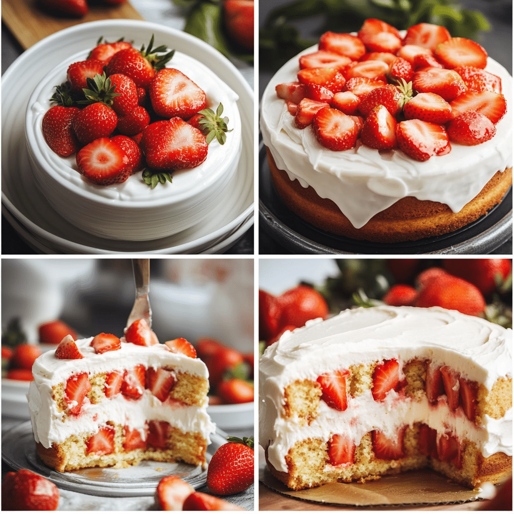 Four panel collage showing the steps for making strawberry shortcake cake