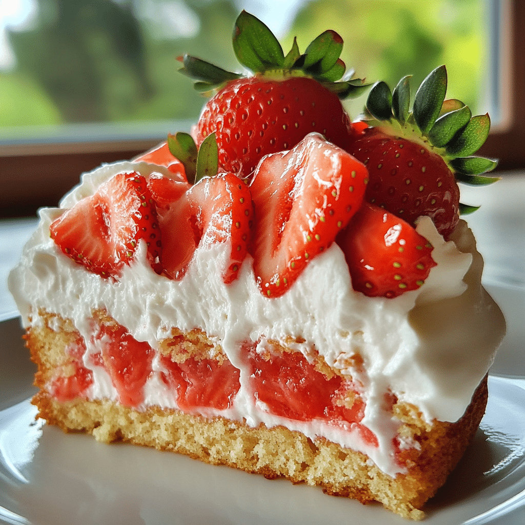 A slice of strawberry shortcake cake with whipped cream and strawberries