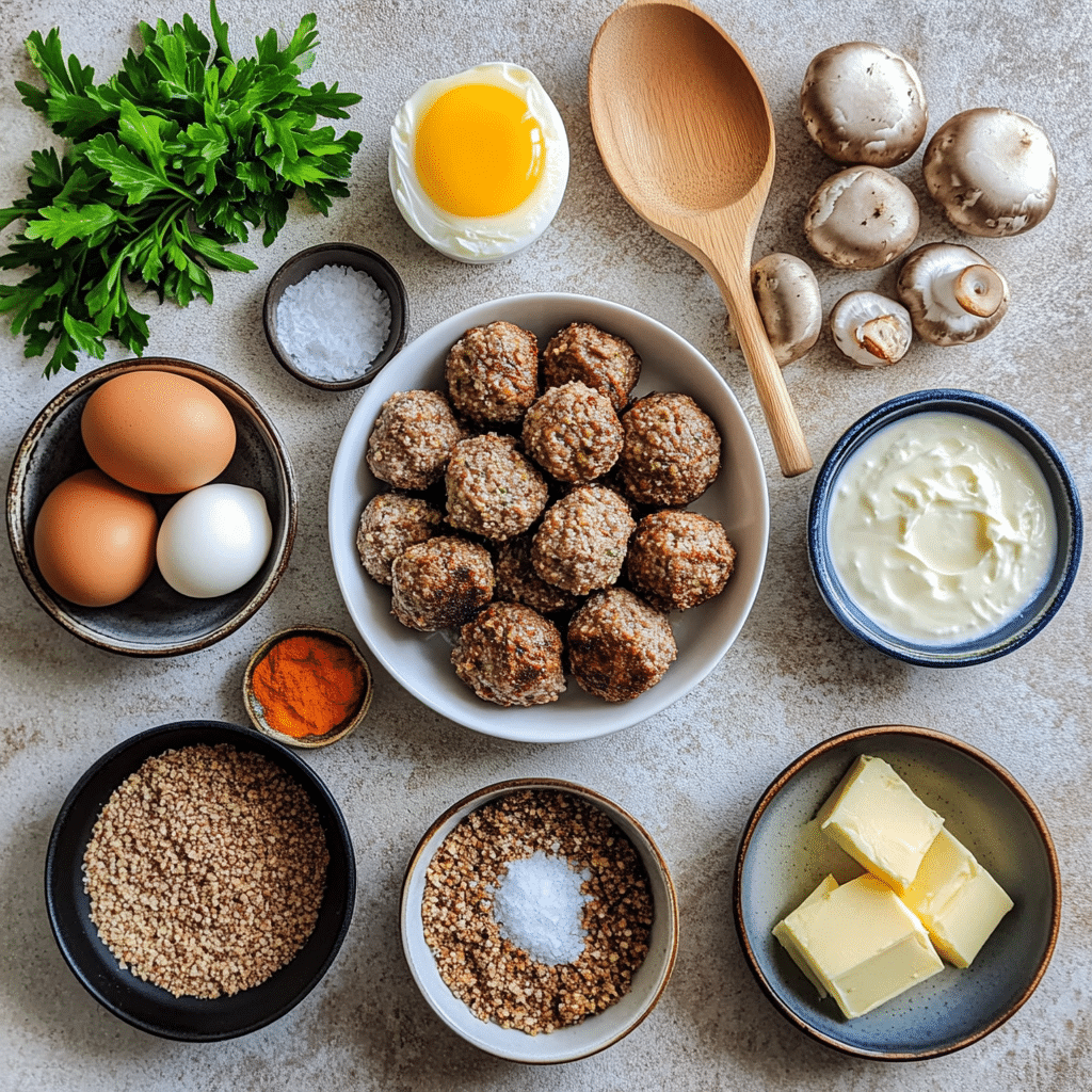 ingredients for swedish meatballs including ground meat breadcrumbs egg spices broth and cream