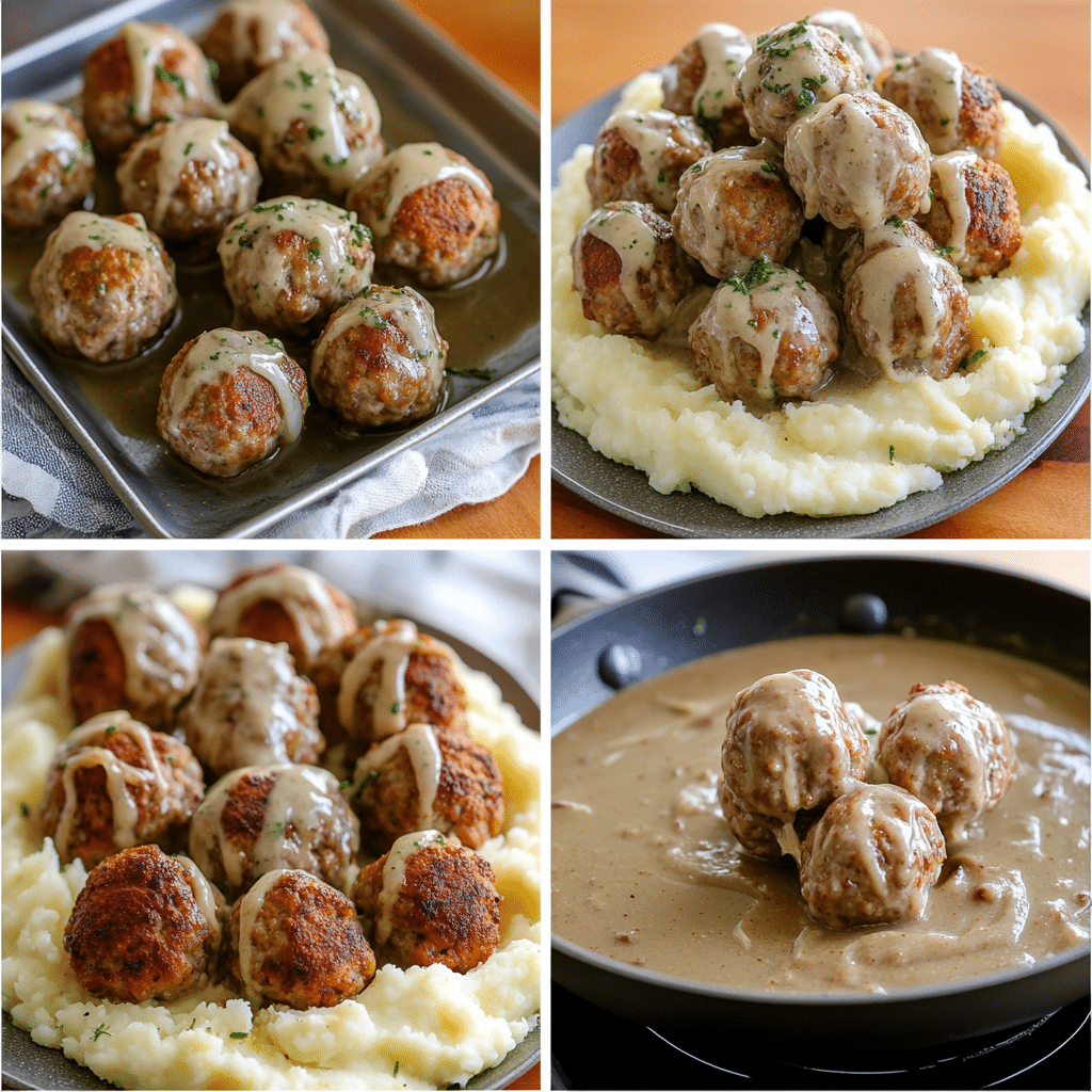 four panel collage showing steps to make swedish meatballs