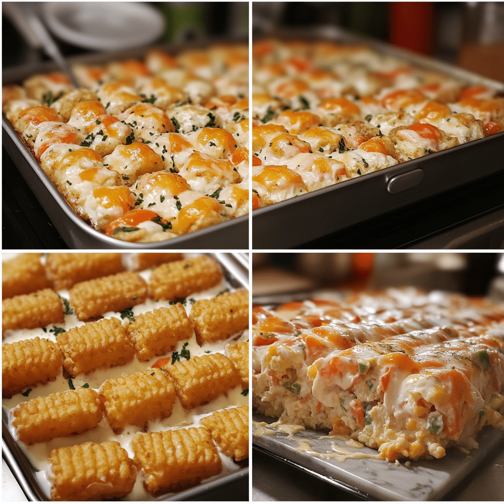 Four panel collage showing the steps for making tater tot breakfast casserole
