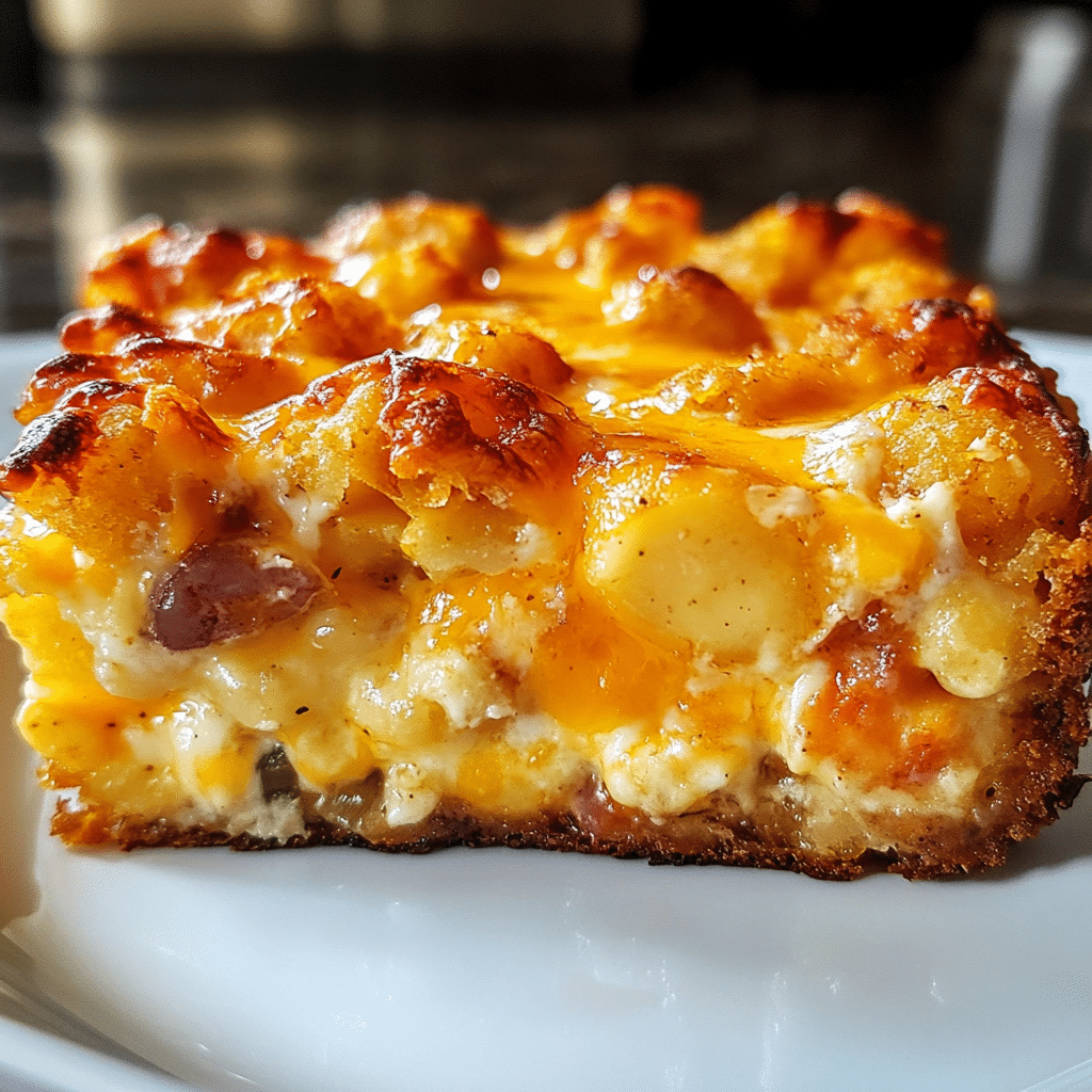 Tater tot breakfast casserole with cheese, eggs, and vegetables