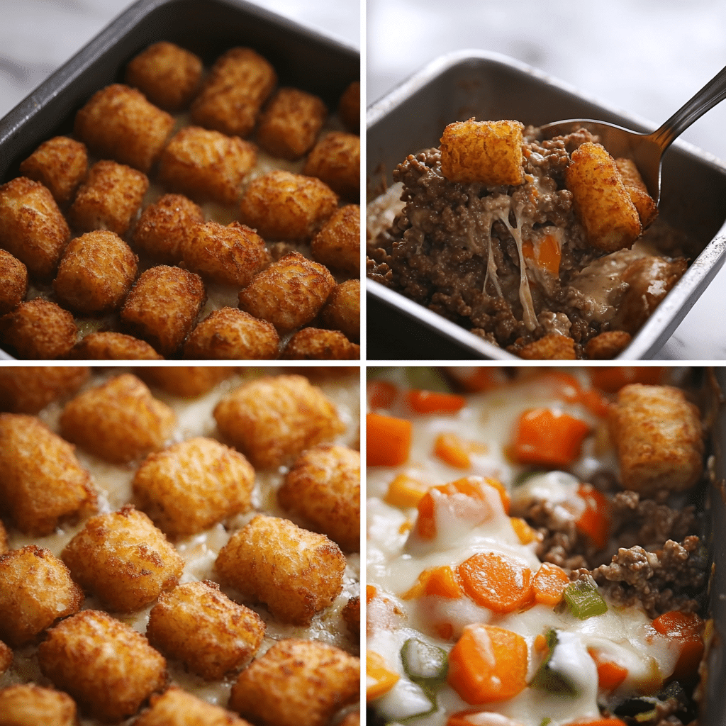 four panel collage showing steps to make tater tot casserole