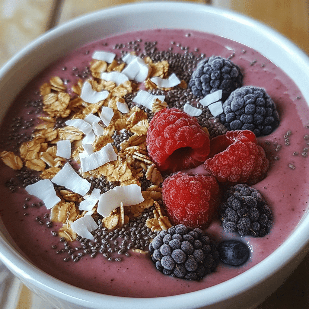 A smoothie bowl topped with granola, coconut flakes, and berries
