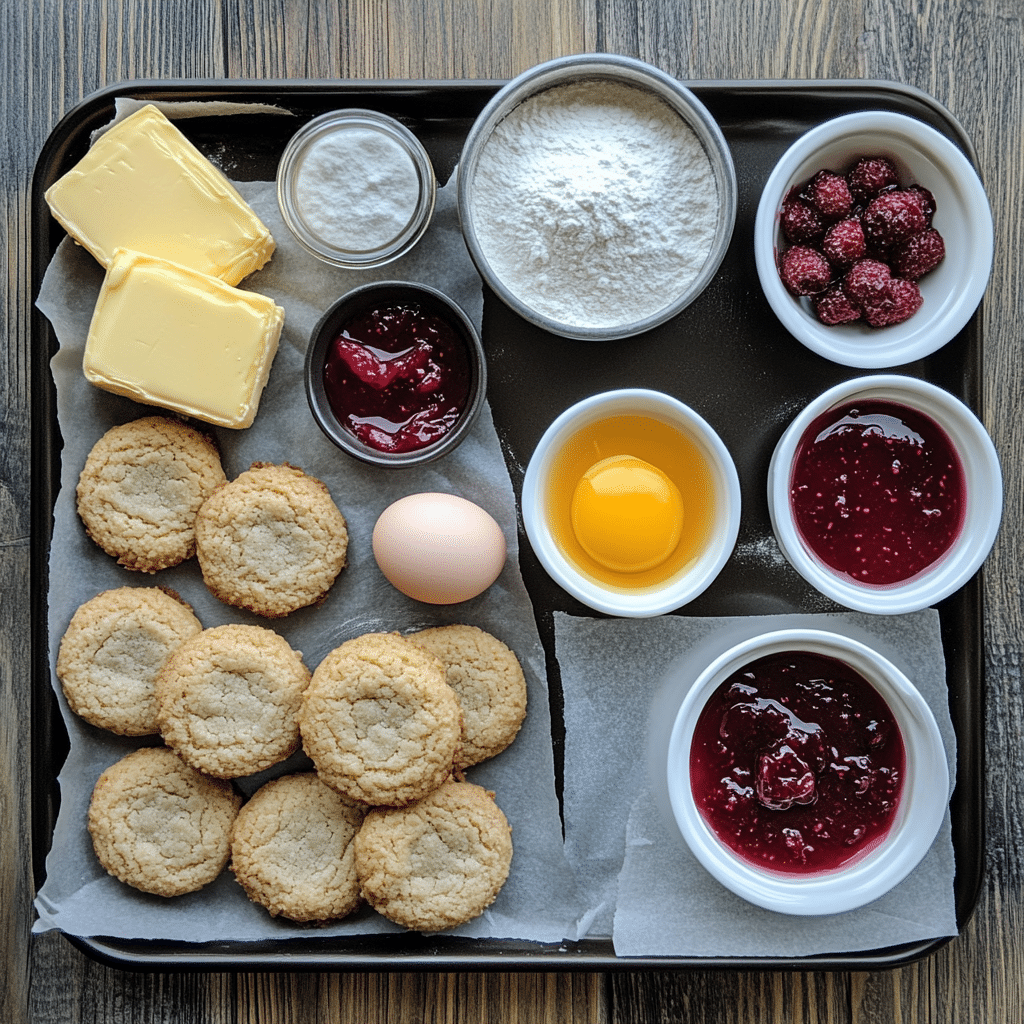 Flour, butter, sugar, egg yolk, vanilla, and jam for thumbprint cookies on a counter