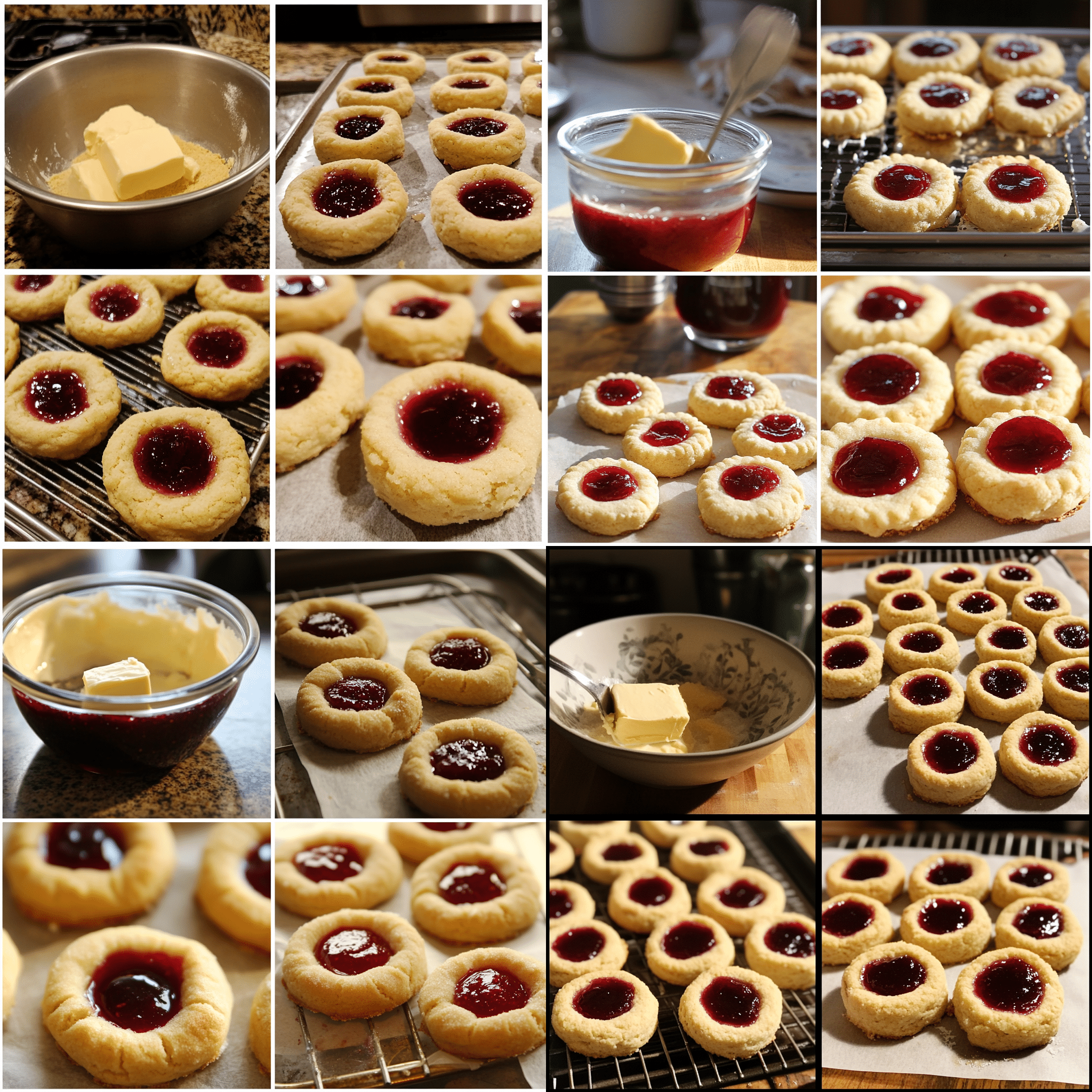 Four panel collage showing mixing dough, making thumbprints, filling with jam, and baked cookies cooling