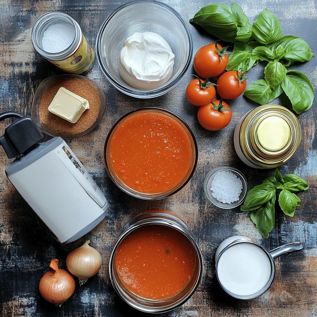 ingredients for tomato basil soup including canned tomatoes broth cream basil onion and garlic