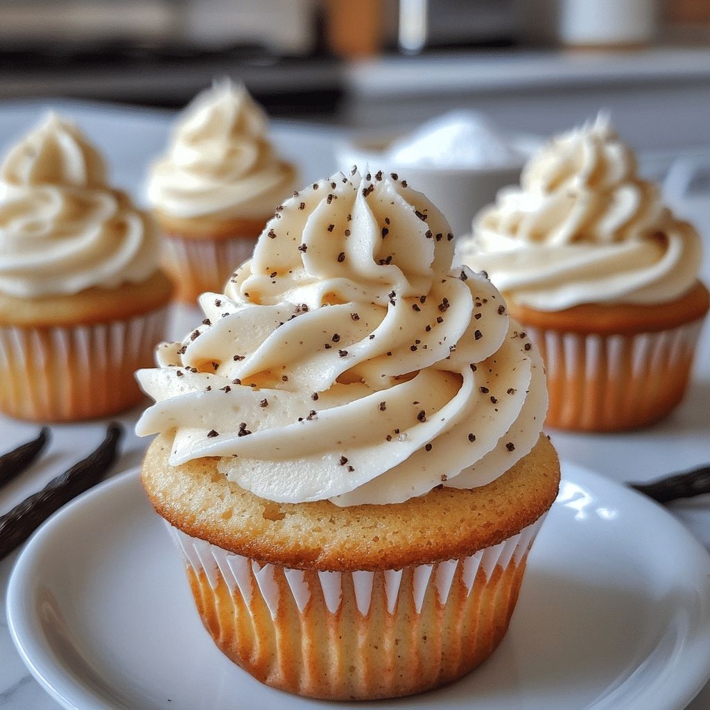 Vanilla bean cupcakes with swirled vanilla bean buttercream and vanilla specks