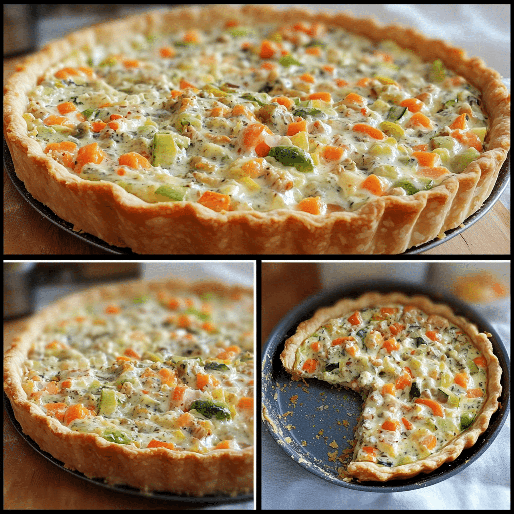 Four panel collage showing the steps for making vegetable quiche