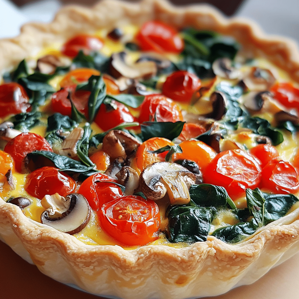 A vegetable quiche with spinach, tomatoes, and mushrooms in a golden crust