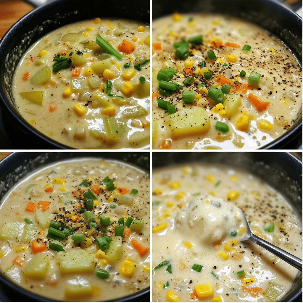 Four-panel collage showing vegetarian corn chowder cooking in a pot and served in a bowl