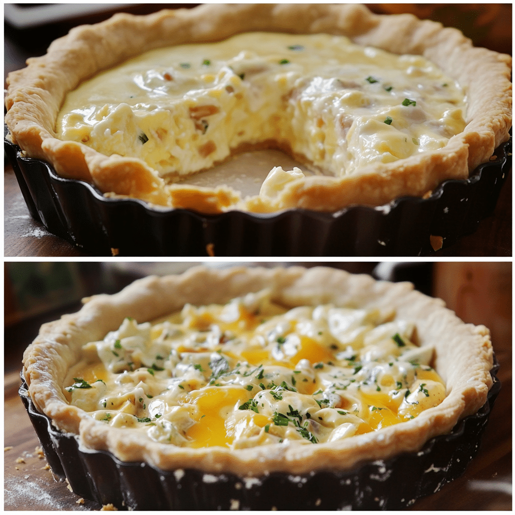 Four panel collage showing the steps for making vegetarian quiche Lorraine