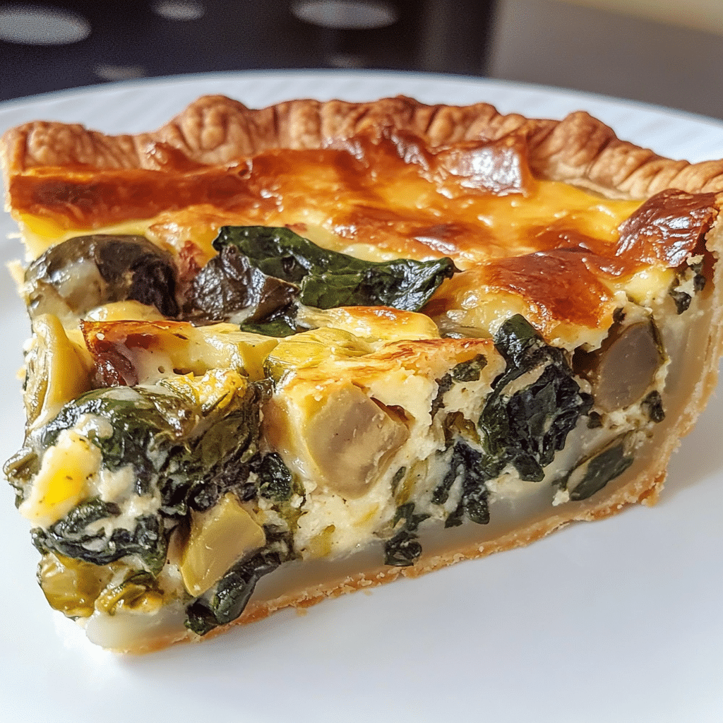 A slice of vegetarian quiche Lorraine with spinach, artichoke, and cheese