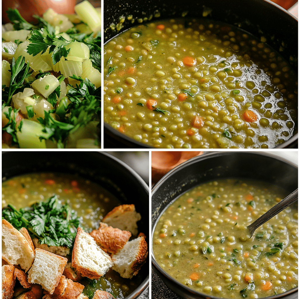 Four panel collage showing sautéing vegetables, adding peas and broth, simmering thick soup, and serving in bowls