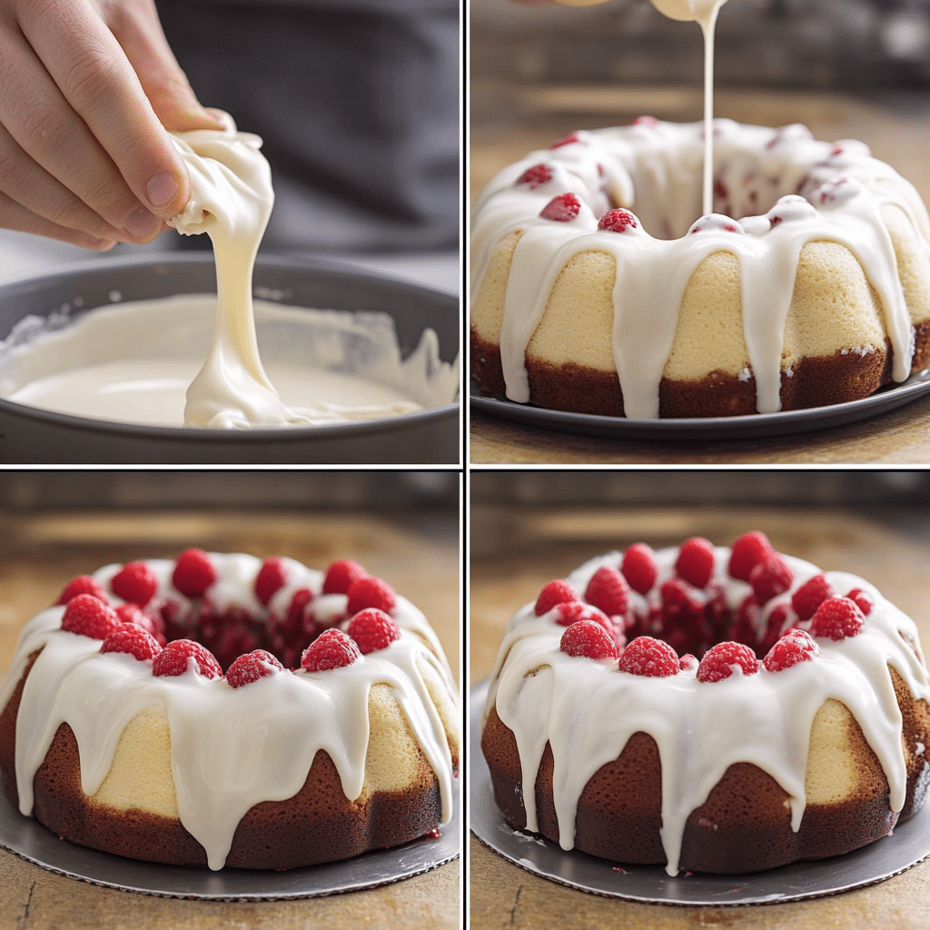 Four panel collage showing the steps for making white chocolate raspberry bundt cake