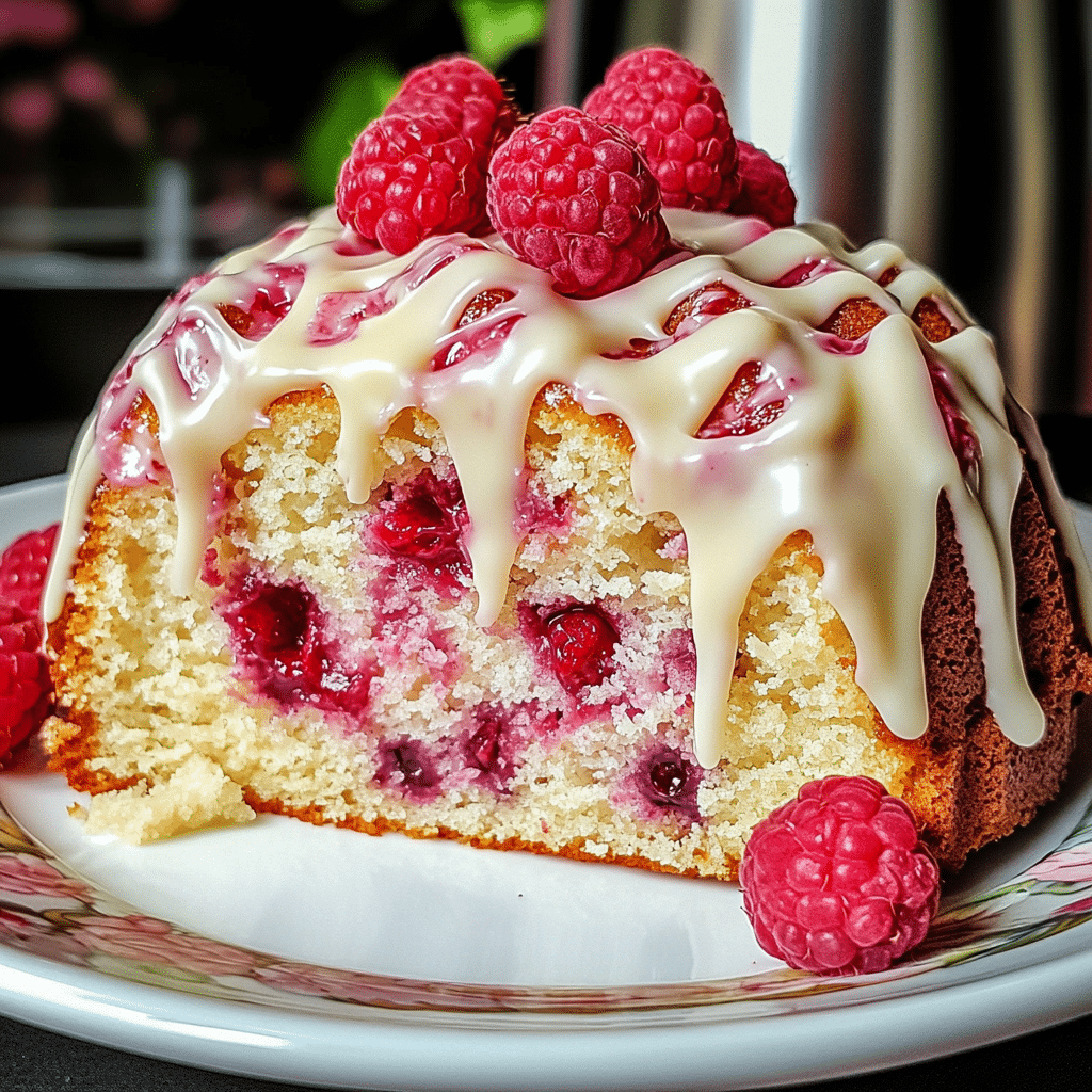 A slice of white chocolate raspberry bundt cake with white chocolate ganache and raspberries