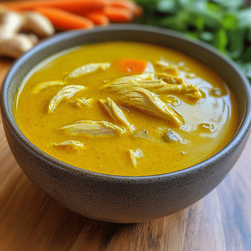Bowl of anti inflammatory turmeric chicken soup ready to eat