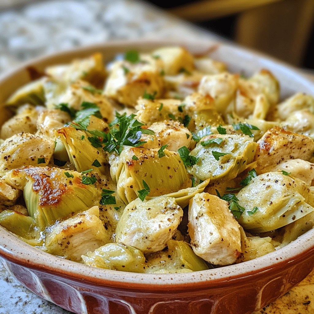 Homemade artichoke chicken casserole recipe in a serving dish in a bright kitchen