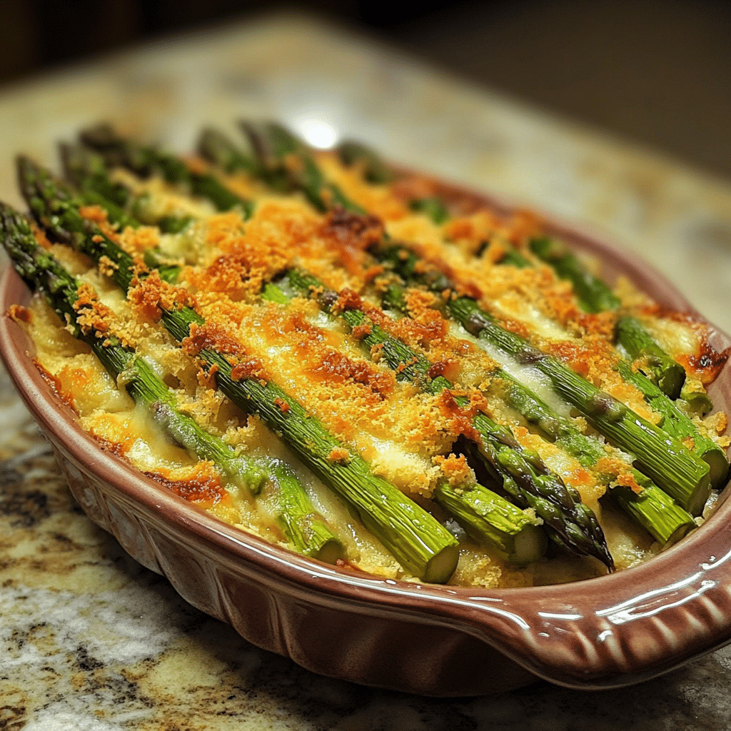 Homemade asparagus casserole (video) in a serving dish in a bright kitchen
