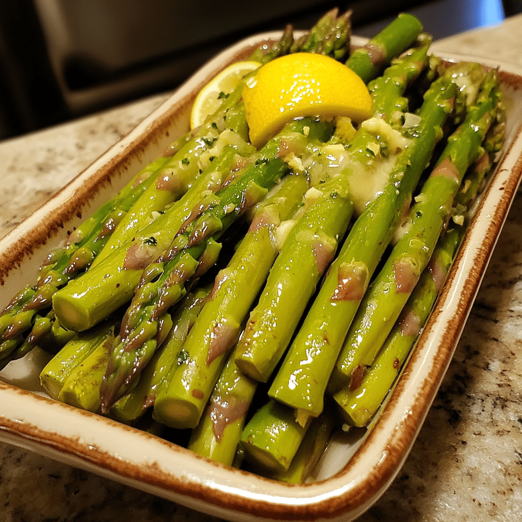 Homemade asparagus salad with lemon vinaigrette (new easter side dish!) in a serving dish in a bright kitchen