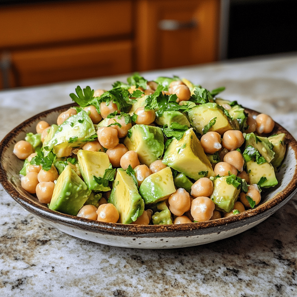 Homemade avocado chickpea salad in a serving dish in a bright kitchen