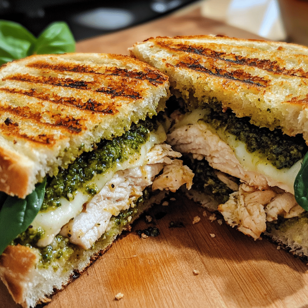 Chicken pesto panini with grilled chicken mozzarella and basil pesto on toasted ciabatta