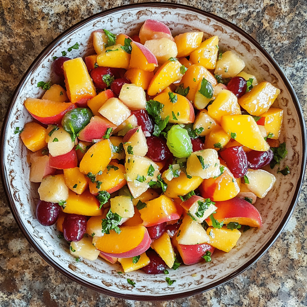 Homemade best easter fruit salad with peach pie filling in a serving dish in a bright kitchen