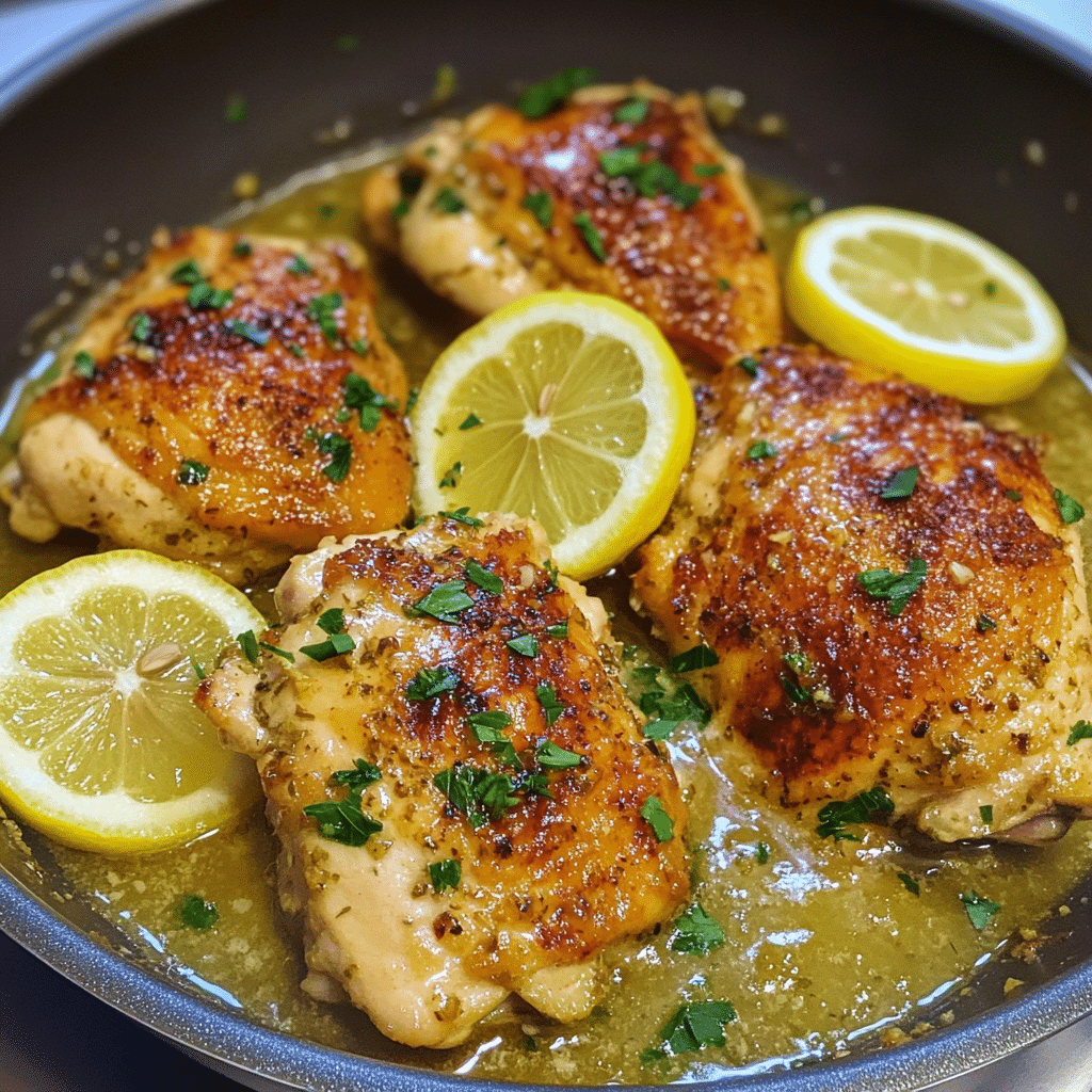 Crispy lemon chicken in a skillet with parsley and lemon slices
