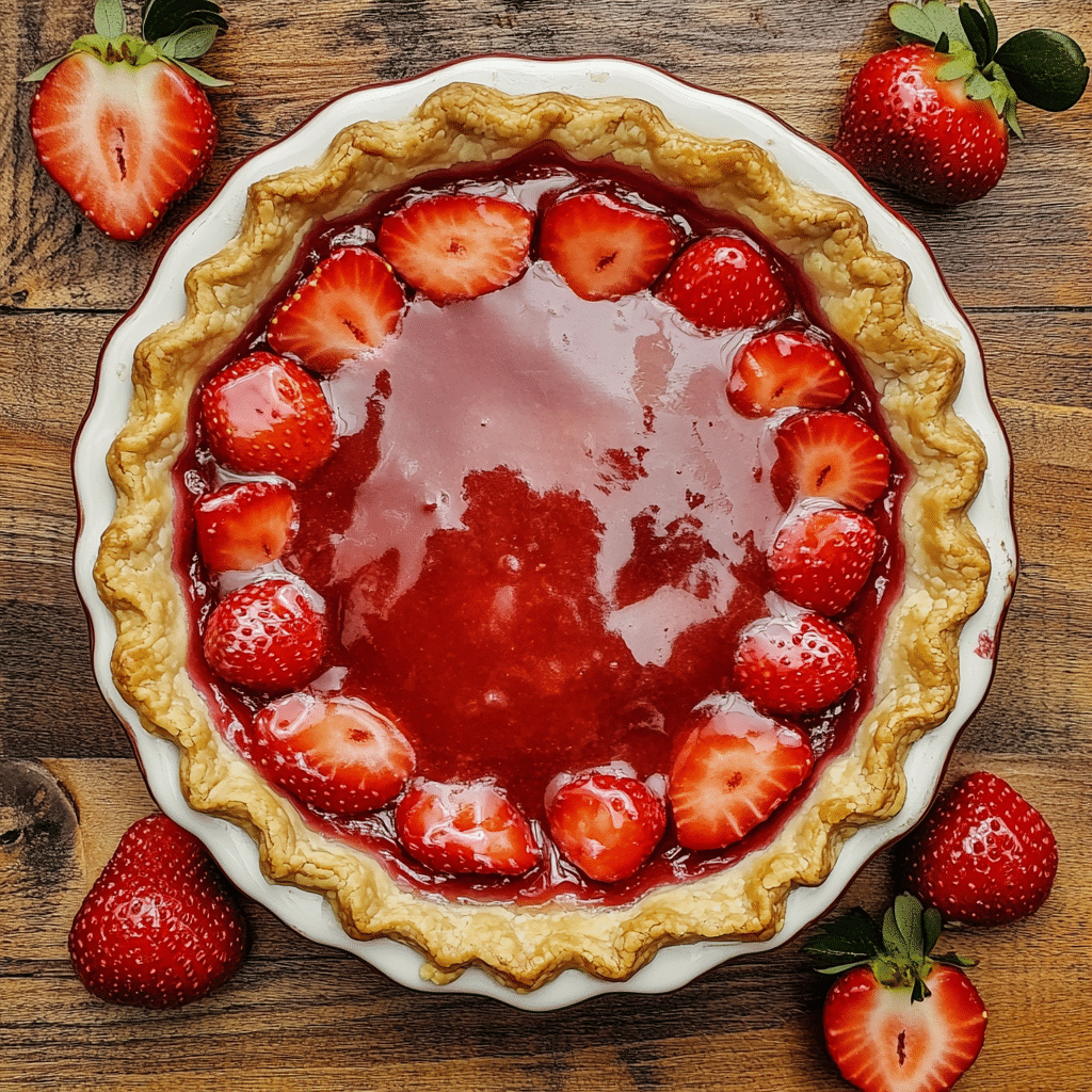 Homemade strawberry pie with fresh strawberry filling and flaky crust on a kitchen counter