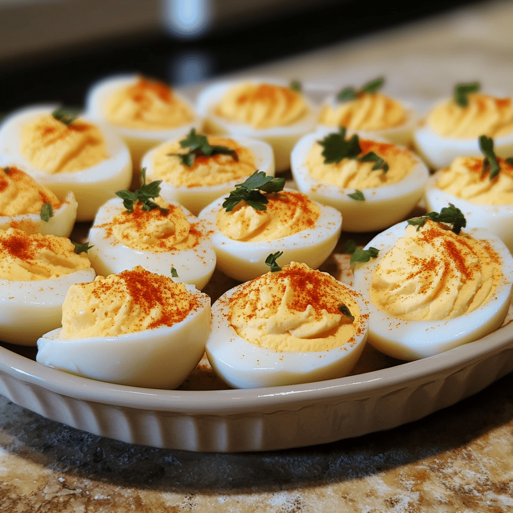 Homemade black folks soul food southern deviled eggs in a serving dish in a bright kitchen