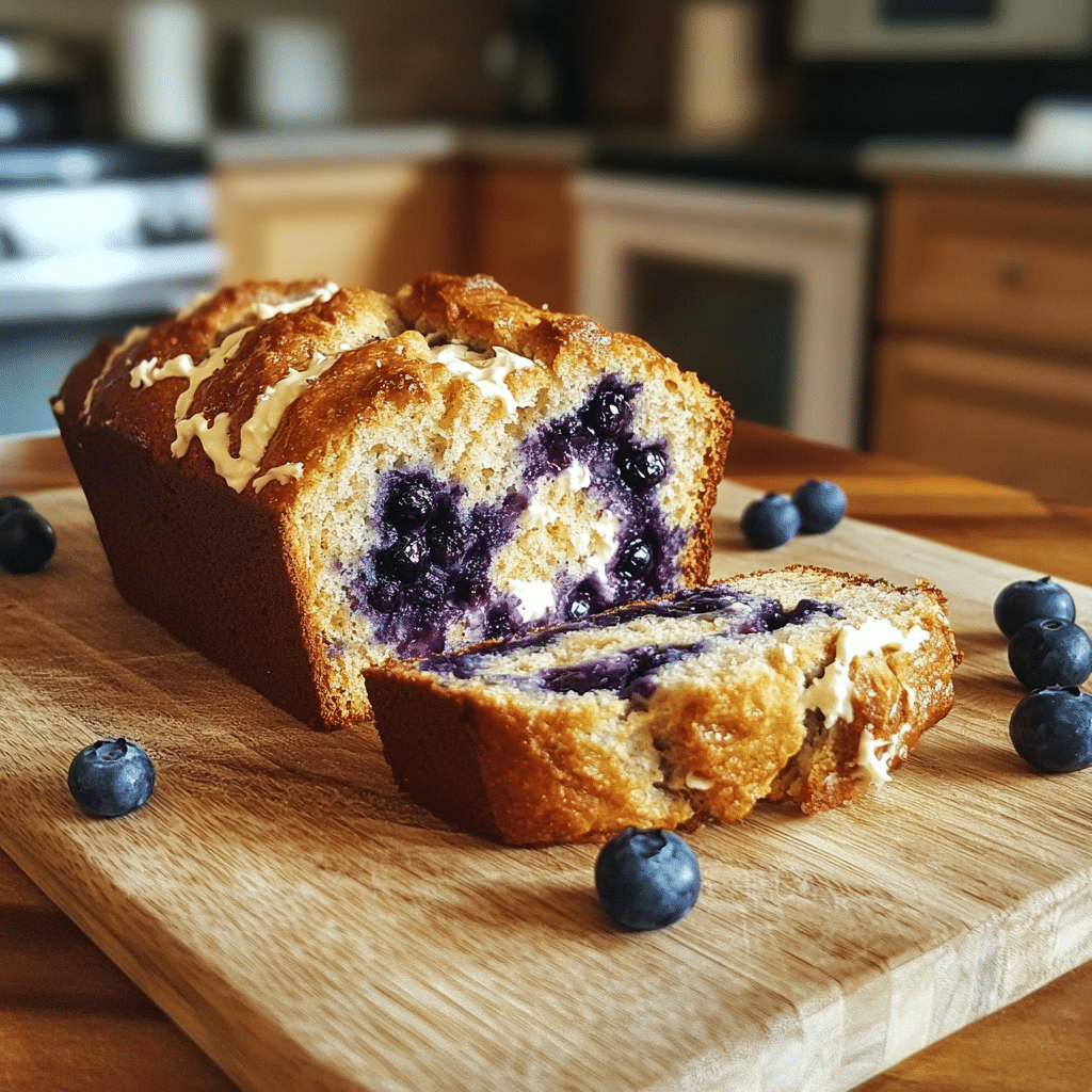 Blueberry cream cheese bread slices with blueberry pieces and cream cheese swirl