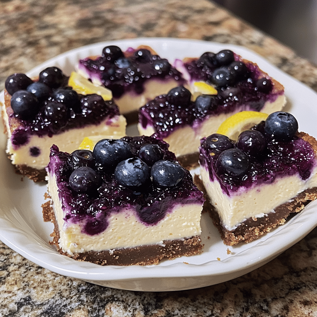 Homemade blueberry lemon cheesecake bars in a serving dish in a bright kitchen