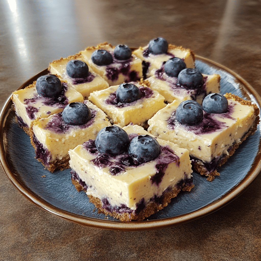 Homemade blueberry lemon cheesecake bars in a serving dish in a bright kitchen