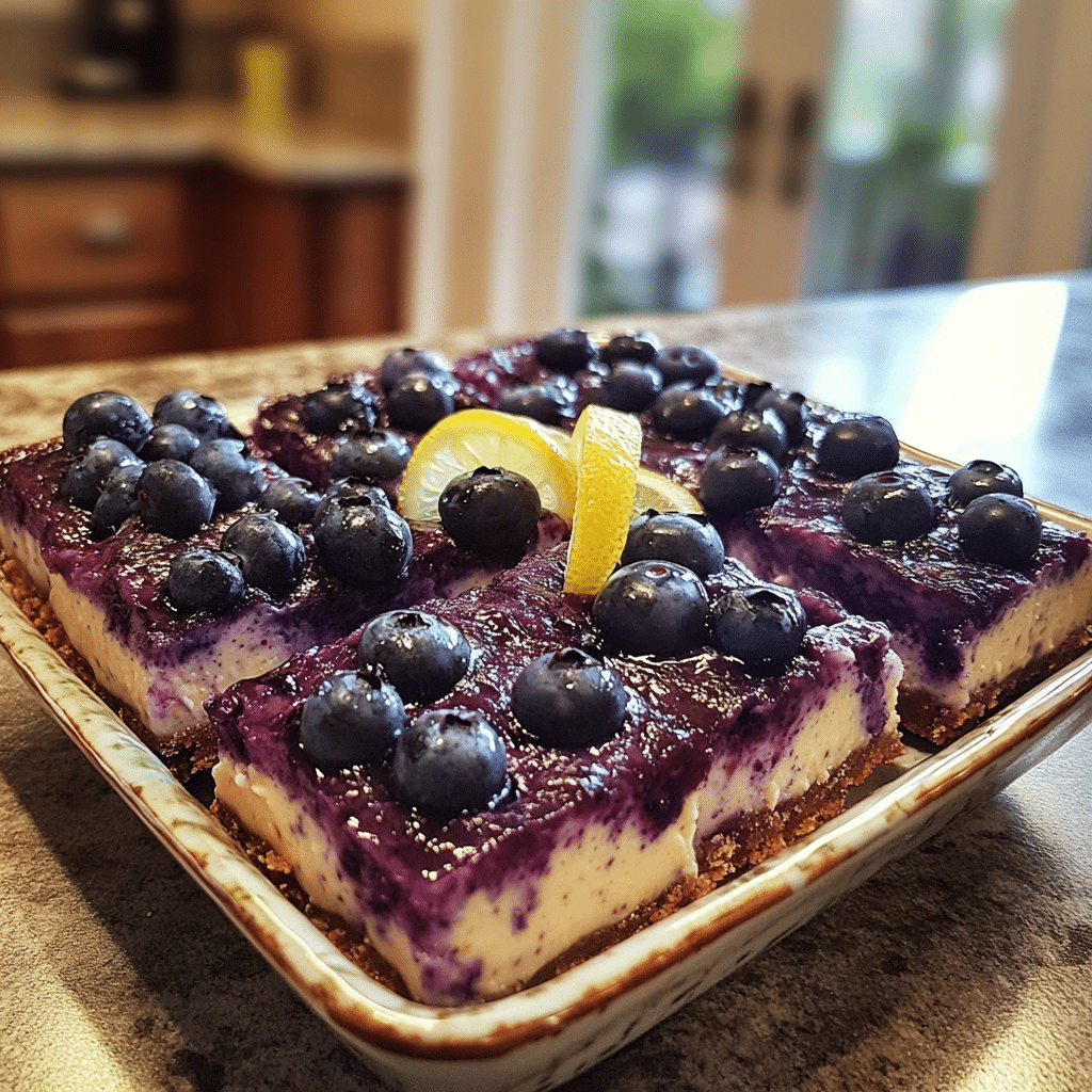 Homemade blueberry lemon cheesecake bars in a serving dish in a bright kitchen