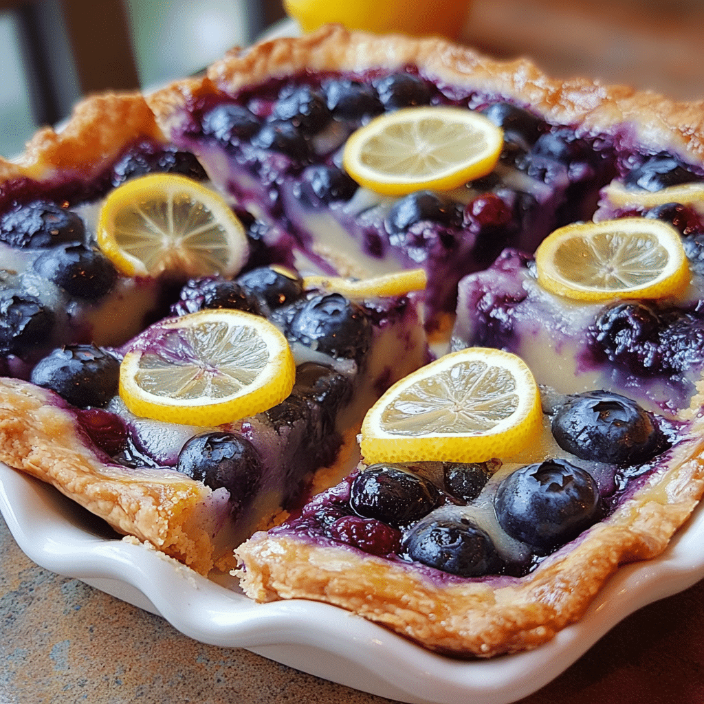 Homemade blueberry lemon pie bars irresistible treat that you will want to make for any gathering in a serving dish in a bright kitchen