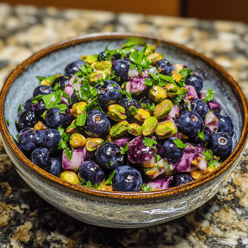 Homemade blueberry pistachio spring salad in a serving dish in a bright kitchen