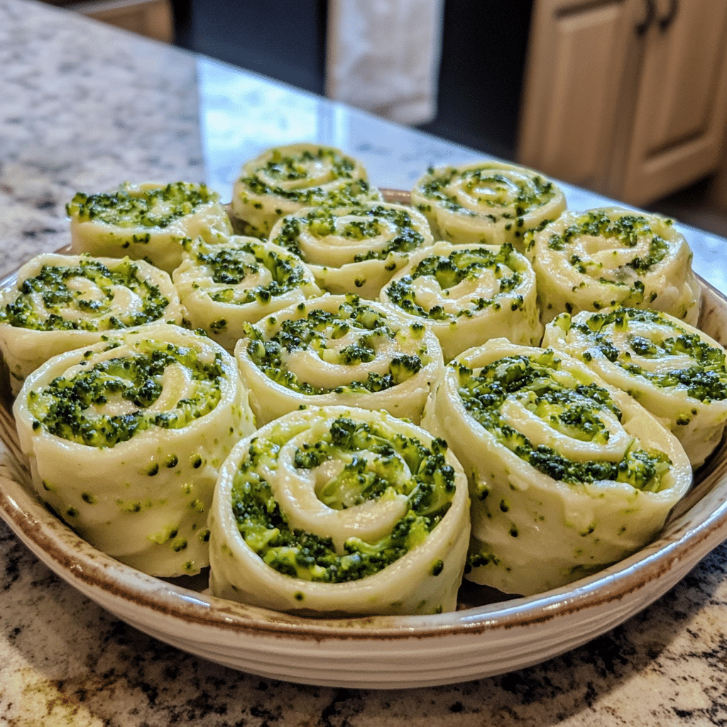 Homemade broccoli cheese pinwheels in a serving dish in a bright kitchen
