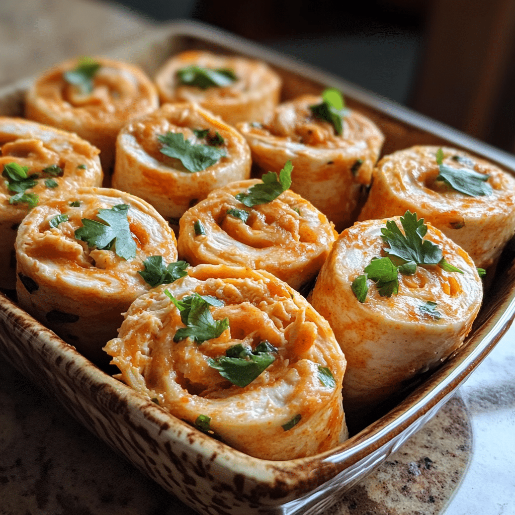 Homemade buffalo chicken pinwheels (five ingredients) in a serving dish in a bright kitchen