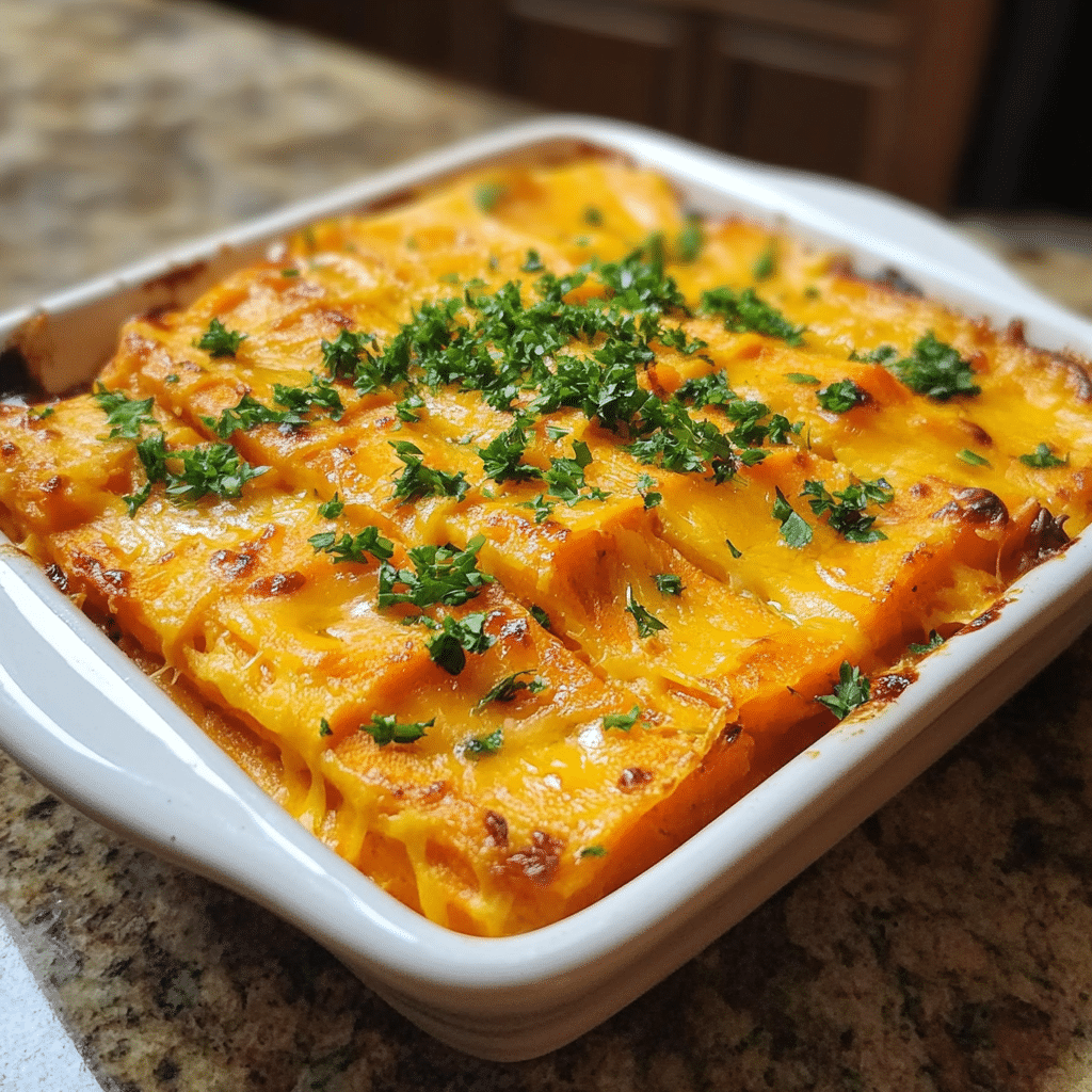 Homemade cheesy carrot casserole in a serving dish in a bright kitchen