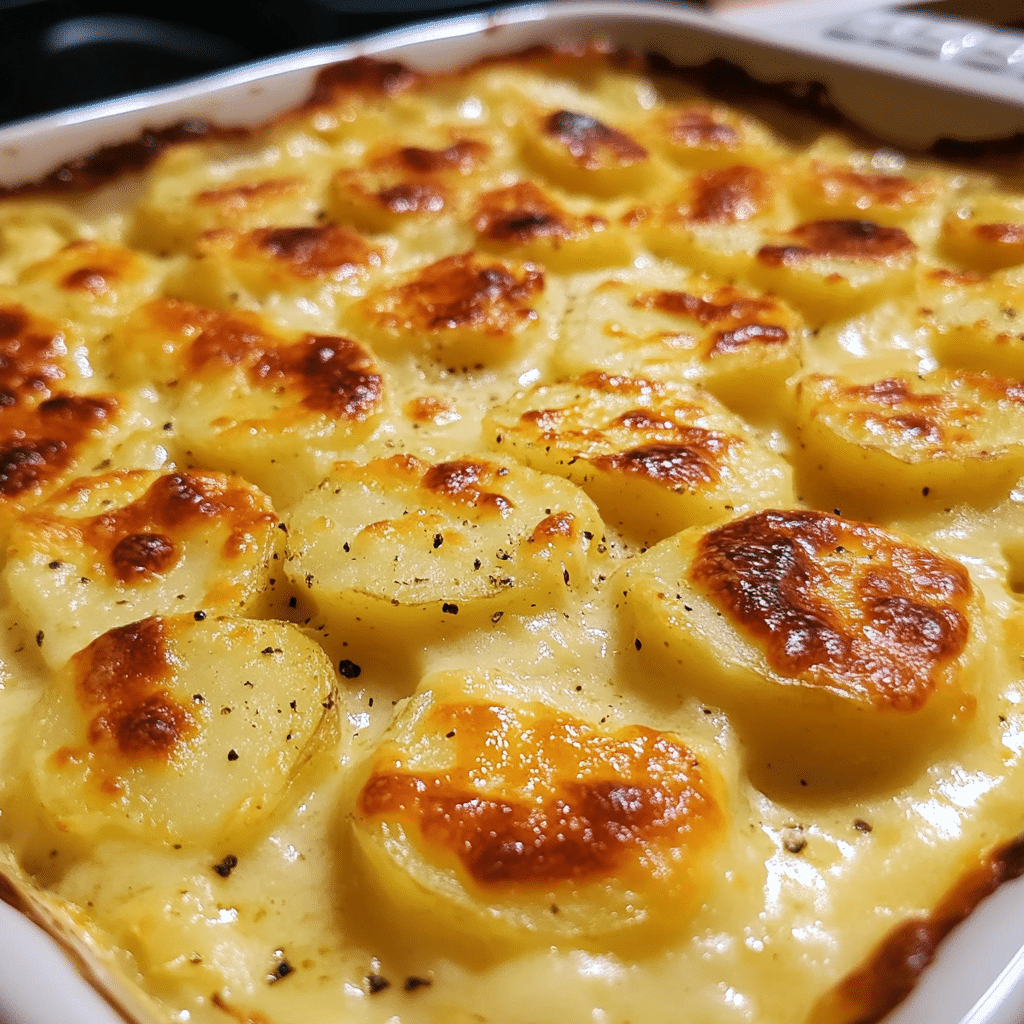 Cheesy Scalloped Potatoes served in a dish with visible texture and garnish