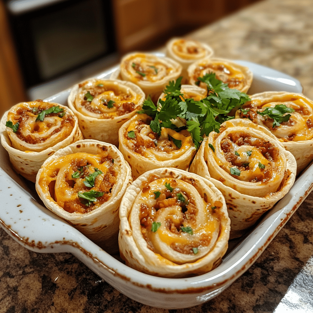 Homemade cheesy taco pinwheels are a crowd in a serving dish in a bright kitchen