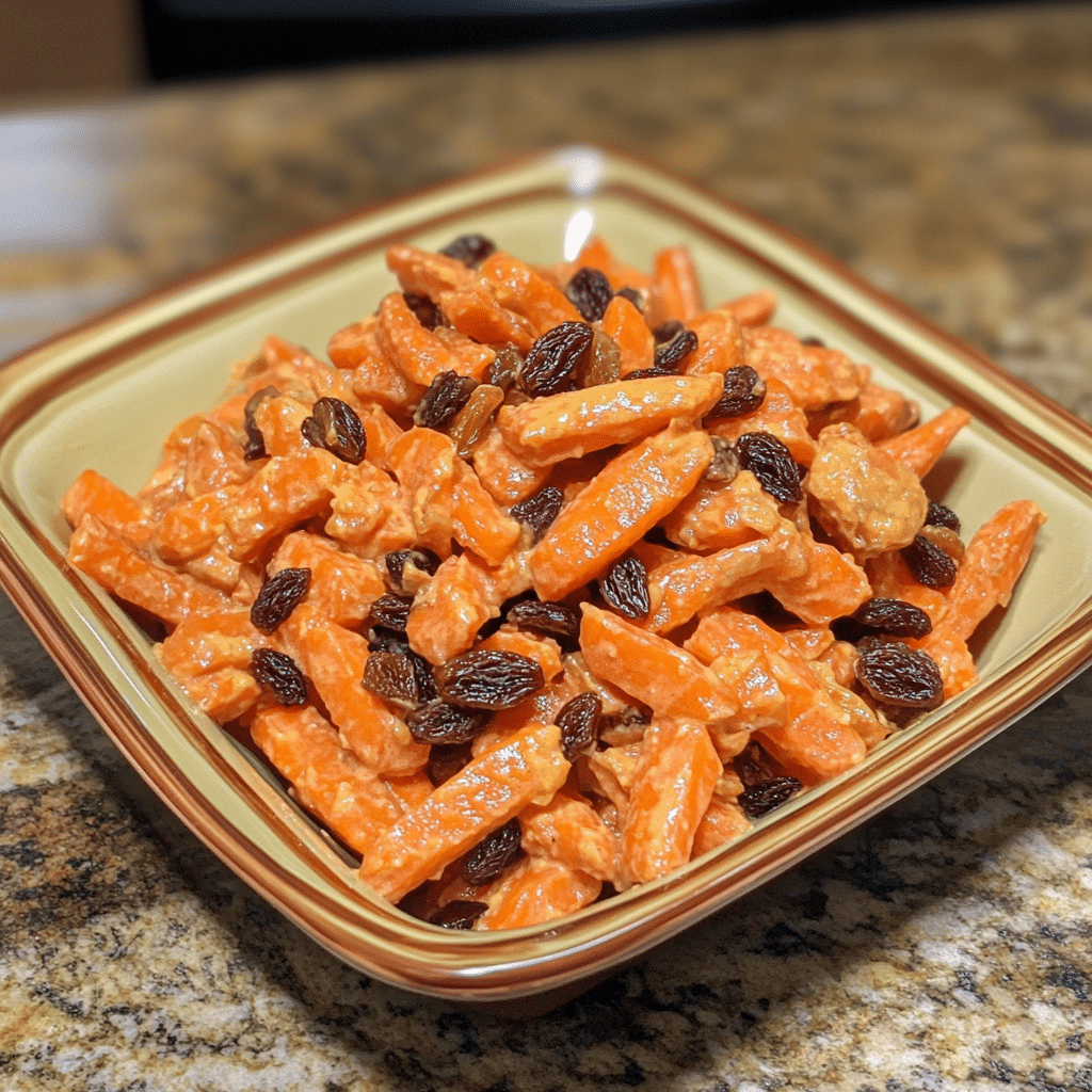 Homemade chick-fil-a carrot & raisin salad in a serving dish in a bright kitchen