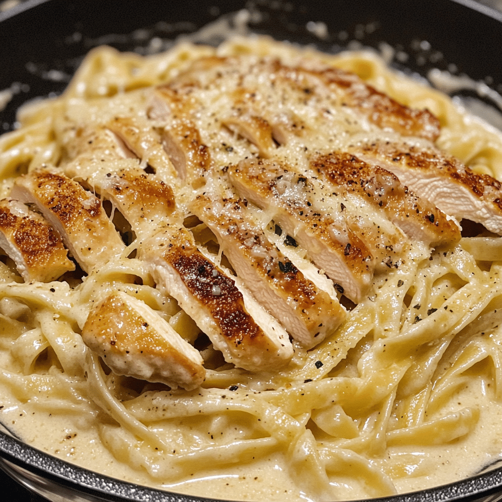 Chicken fettuccine Alfredo in a skillet with creamy sauce
