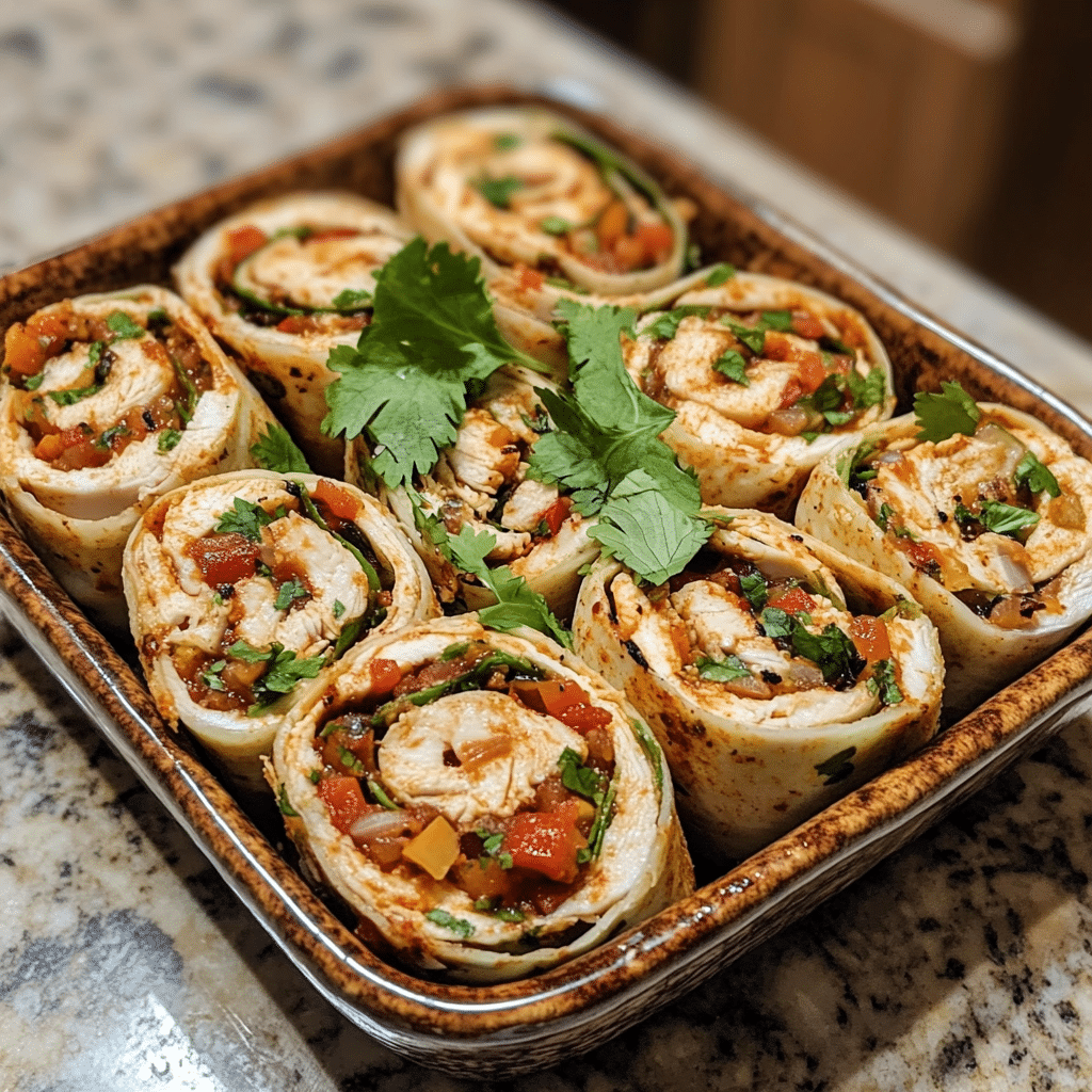 Homemade chicken salsa roll ups in a serving dish in a bright kitchen