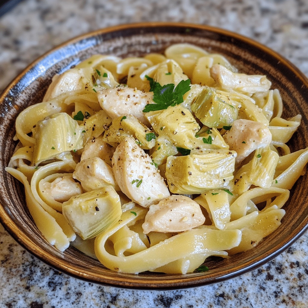 Homemade chicken and artichoke pasta in a serving dish in a bright kitchen
