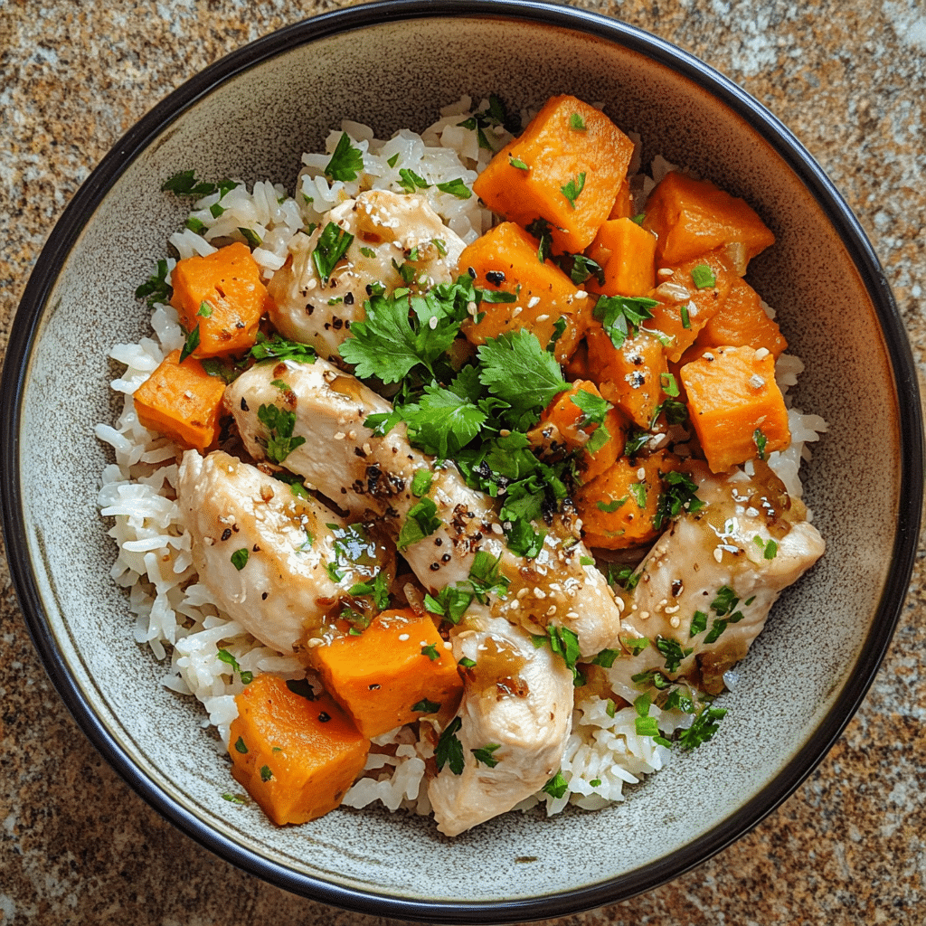 Homemade chicken and sweet potato rice bowl served in a dish in a bright kitchen