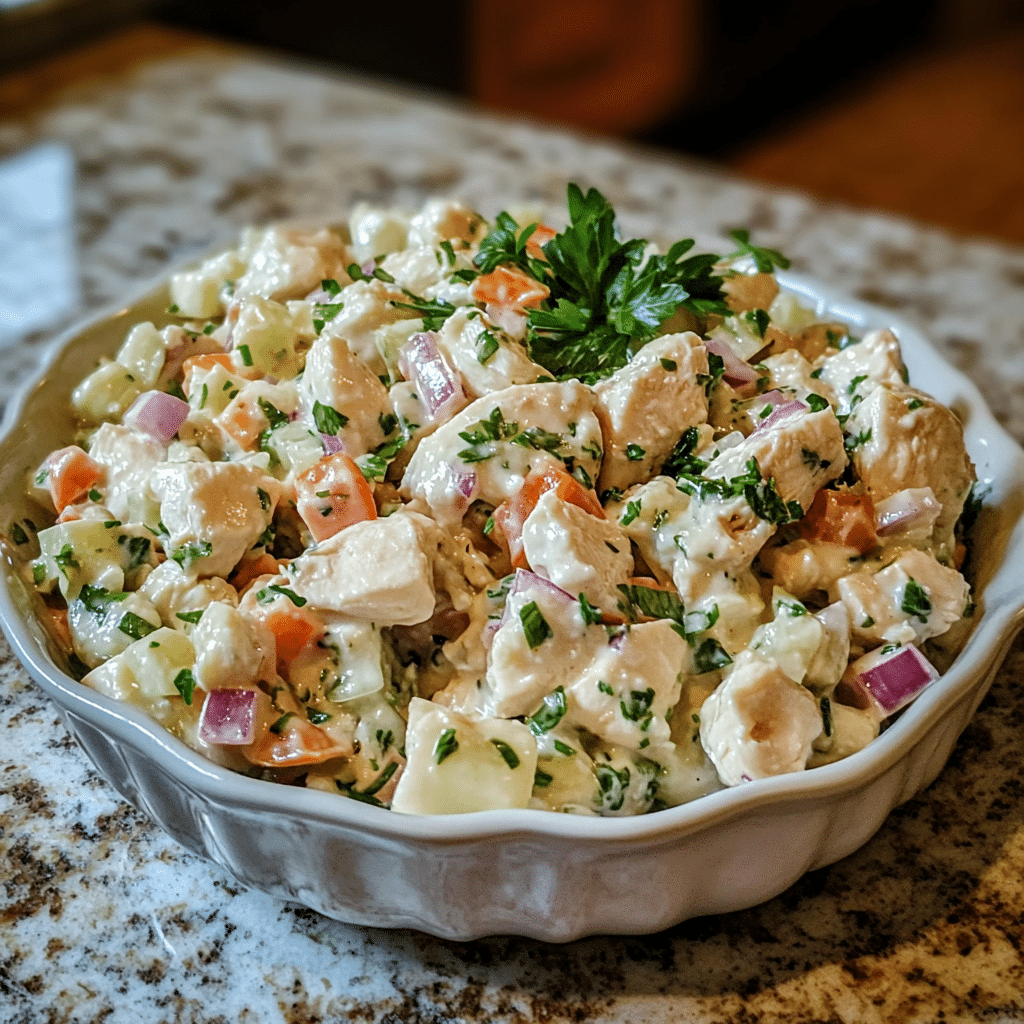 Homemade classic chicken salad in a serving dish in a bright kitchen